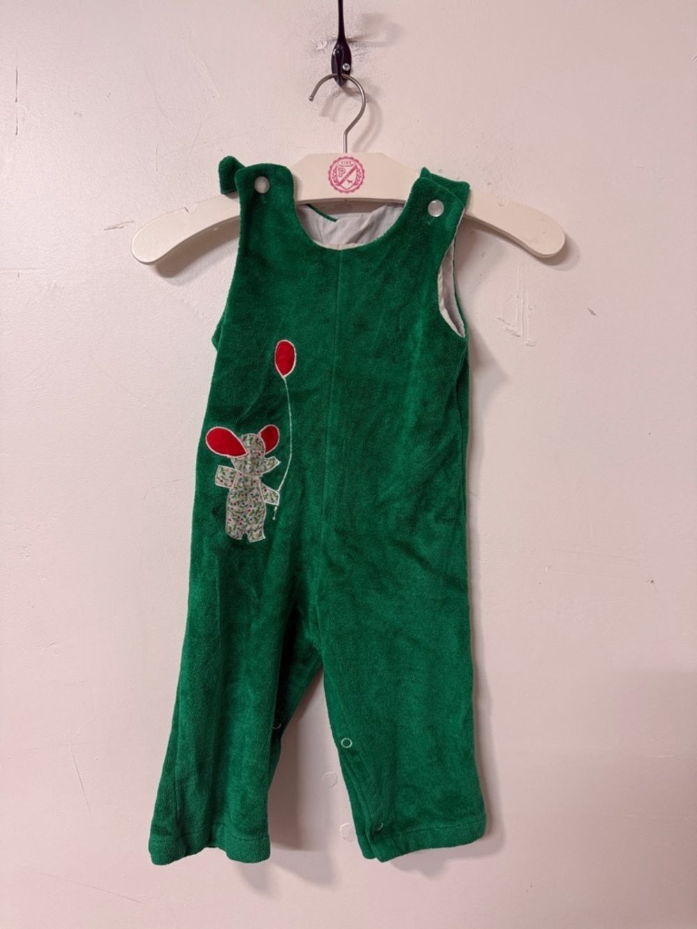 Green Baby Corduroy Overalls with Mouse Balloon Appliqué 80’s